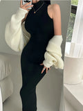 Chicdear Summer Black Skinny Dress Women 2023 Sexy Party Bodycon Long Dress Turtleneck Tight Midi Dresses Sleeveless