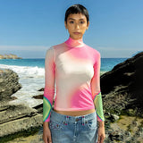 Chicdear Colorful Tie Dye Long Sleeve Tees Women Pink Fashion Y2k Mesh Pullover Femme 2024 Beach Sheer Slim Girls Shirt Street New