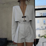 Chicdear Designer Women’s Striped Set Casual Oversized Blazer Two Pieces Set For Women Pullover Long Sleeve Shirt Tops And Shorts