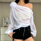 Chicdear Folds Flower Cover Ups For Women Mesh Sheer Long Sleeve Oversized Shirts Ladies Beach Sexy See Through Cover-up Femme New