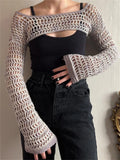 Chicdear Hollow Out Knit Shrug Sweater Pullover Tops Summer Long Sleeve Mesh Knitwear Top Cropped Fishnet Crochet Shrug For Women