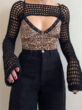 Chicdear Hollow Out Knit Shrug Sweater Pullover Tops Summer Long Sleeve Mesh Knitwear Top Cropped Fishnet Crochet Shrug For Women