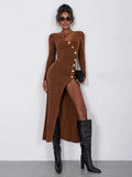 Chicdear Knitted Maxi Dress For Women Sexy Slit Slim Long Sleeve Buttons Dresses Knitwear Party Elegant Retro Dress Lady 2024 New