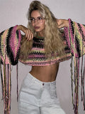 Chicdear Knitted Tassels Cover Ups For Swimwear Women Sexy Loose Rainbow Shirt Girls Sweater Holiday Fashion Crop Pullover Femme