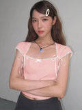 Chicdear Lace Bandage Shirts For Women 2024 Summer Pink Lovely Crop Tops Womens Street Casual Bodycon Lace-up Tank Top Ladies New