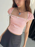 Chicdear Lace Bandage Shirts For Women 2024 Summer Pink Lovely Crop Tops Womens Street Casual Bodycon Lace-up Tank Top Ladies New