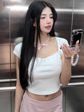 Chicdear Lace Bandage Shirts For Women 2024 Summer Pink Lovely Crop Tops Womens Street Casual Bodycon Lace-up Tank Top Ladies New