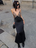 Chicdear Lace Splice Maxi Dresses For Women Sexy Deep V Neck Mesh Slim Dress Woman Temperament Clubwear Party Evening Dress Femme