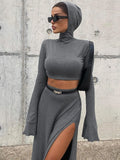 Chicdear Loose Side Slit Skirt Two Piece Sets Womens Outfits 2024 Women Dress Sets Short Long Sleeve Hoodies And Skirts Suit Femme