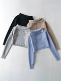 Chicdear Off-Shoulder Cropped Pullover Top Sweater E-girl Casual Blue Turn-Down Collar Crop Sweaters Knit Fashion Tops Women