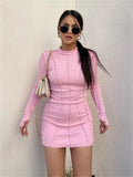 Chicdear Screw Thread Mini Dress For Women 2023 Spring Ribbed Long Sleeve Bodycon Dresses Pink Streerwear Elastic Casual Vestidos