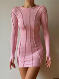 Chicdear Screw Thread Mini Dress For Women 2023 Spring Ribbed Long Sleeve Bodycon Dresses Pink Streerwear Elastic Casual Vestidos