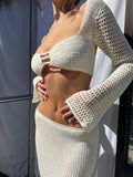 Chicdear Sexy Crochet Two Piece Set Women Beach Outfits Knit Hollow Out Crop Top Bodycon Long Skirt Sets 2023 Vacation Dress Set