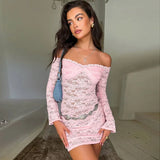 Chicdear Sexy Off Shoulder See-Through Lace Dress For Women Long Sleeve Elegant Slim Solid Splice Beach Evening Mini Dress Female