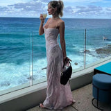 Chicdear Sexy See Through Beach Spaghetti Maxi Dress For Women Plunge Off Shoulder Floral Mesh Patchwork Long Holiday Dress Femme