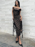 Chicdear Side Slits Lace Dress Women See Through Slim Black Sexy Tassel Sheath Dress Ladies Street Casual Club Bandage Dress Woman