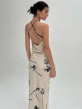 Chicdear Summer Floral Print Long Dress For Beach Party Sexy Halter Backless Satin Split Maxi Dresses Women 2023 Hot Vestidos