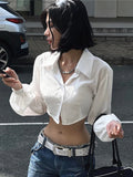 Chicdear Harajuku White T-shirts Women Blouse Autumn Long Sleeve Hollow Out Turn-down Collar Blouse Shirt High Street Y2K Tops Tee