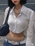 Chicdear Harajuku White T-shirts Women Blouse Autumn Long Sleeve Hollow Out Turn-down Collar Blouse Shirt High Street Y2K Tops Tee