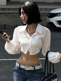 Chicdear Harajuku White T-shirts Women Blouse Autumn Long Sleeve Hollow Out Turn-down Collar Blouse Shirt High Street Y2K Tops Tee