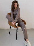 Chicdear OL Homewear Leisure Knitted Suit Women Autumn Long Sleeve Shirts And Wide Legs Pants Suit Casual Two Piece Sets Outfits