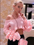 Chicdear Pink Ruffles Knitted Sweater Women Summer O-Neck Long Sleeve Slim Mini Pullovers High Street Y2K Tops Women’s Clothing