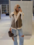 Chicdear Suede Leather Thick Fleece Jacket Autumn Winter Women Splice Sleeveless Faux Shearling Jackets Vest Y2K Cardigans Coats