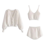 Chicdear Women Two Piece Sets Outfits White Plush Mohair Drill Button Cardigan Coats With Bra Tops And Mini Shorts Matching Sets