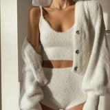 Chicdear Women Two Piece Sets Outfits White Plush Mohair Drill Button Cardigan Coats With Bra Tops And Mini Shorts Matching Sets