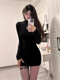 Chicdear Turtleneck Long Sleeves Dresses Black Sexy Pleated Bodycon Mini Dress 2023 Fall Winter Women Streetwear Party Club Y2K Clothings