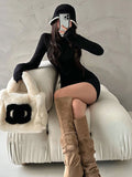 Chicdear Turtleneck Long Sleeves Dresses Black Sexy Pleated Bodycon Mini Dress 2023 Fall Winter Women Streetwear Party Club Y2K Clothings