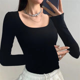 Chicdear U Neck Long Sleeve Shirt Women Warm Fleece Sexy Cropped Tops Autumn Winter Black Casual Skinny Slim Basic T Shirt Woman