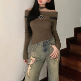 Chicdear Women Off Shoulder Slash Neck Sweater Long Sleeve Knitwear Solid Pullovers Sexy Girl Street Short Tops Y2k 2023 Fall Winter