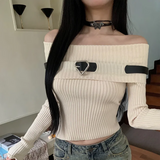 Chicdear Women Off Shoulder Slash Neck Sweater Long Sleeve Knitwear Solid Pullovers Sexy Girl Street Short Tops Y2k 2023 Fall Winter