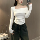 Chicdear Women Off Shoulder T-shirts Casual Solid Long Sleeve Shirts Cropped Tops Streetwear Clubwear Sexy Skew Collar Warm Pullovers