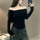 Chicdear Women Off Shoulder T-shirts Casual Solid Long Sleeve Shirts Cropped Tops Streetwear Clubwear Sexy Skew Collar Warm Pullovers