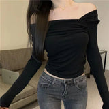 Chicdear Women Off Shoulder T-shirts Casual Solid Long Sleeve Shirts Cropped Tops Streetwear Clubwear Sexy Skew Collar Warm Pullovers