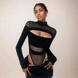 Chicdear Women’s Sexy Hollow Bodysuit Long Sleeved Mesh Tops Solid Fashion Half High Collar Jumpsuit Bottoming Clothes Y2k Club Bodysuits