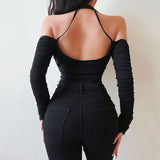 Chicdear Women’s Sexy Hollow Bodysuit Long Sleeved Off-Shoulder Tops Solid Color Fashion Hanging Neck Collar Jumpsuit Bottoming Clothes