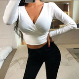 Chicdear Y2K Sexy Long Sleeve Crop Top Women Clothing 2023 New Autumn Basic V-Neck T Shirt Casual Streetwear Skinny Slim Clothes