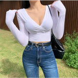 Chicdear Y2K Sexy Long Sleeve Crop Top Women Clothing 2023 New Autumn Basic V-Neck T Shirt Casual Streetwear Skinny Slim Clothes