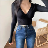 Chicdear Y2K Sexy Long Sleeve Crop Top Women Clothing 2023 New Autumn Basic V-Neck T Shirt Casual Streetwear Skinny Slim Clothes