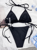 Chicdear-Black Friday Christmas Thanksgiving Tie Side Solid Color Halter-Neck Bikini Swimsuit