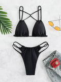 Chicdear-Black Friday Christmas Thanksgiving Backless Belly-Hollow Solid Color Padded Bikini Swimsuit