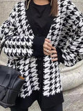 Chicdear-Winter outfits ideas Sweater women's loose V-neck houndstooth long-sleeved knitted cardigan jacket color contrast