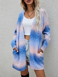 Chicdear-Winter outfits ideas Sweater Rainbow Tie-Dye Mid-Length Oversized Cardigan Pocket Knit Jacket