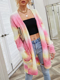 Chicdear-Winter outfits ideas Sweater Rainbow Tie-Dye Mid-Length Oversized Cardigan Pocket Knit Jacket