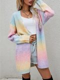 Chicdear-Winter outfits ideas Sweater Rainbow Tie-Dye Mid-Length Oversized Cardigan Pocket Knit Jacket