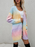 Chicdear-Winter outfits ideas Sweater Rainbow Tie-Dye Mid-Length Oversized Cardigan Pocket Knit Jacket