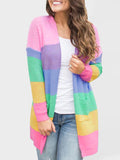 Chicdear-Winter outfits ideas Sweater Loose Color Long Sleeve Contrasting Color Striped Knit Cardigan Jacket